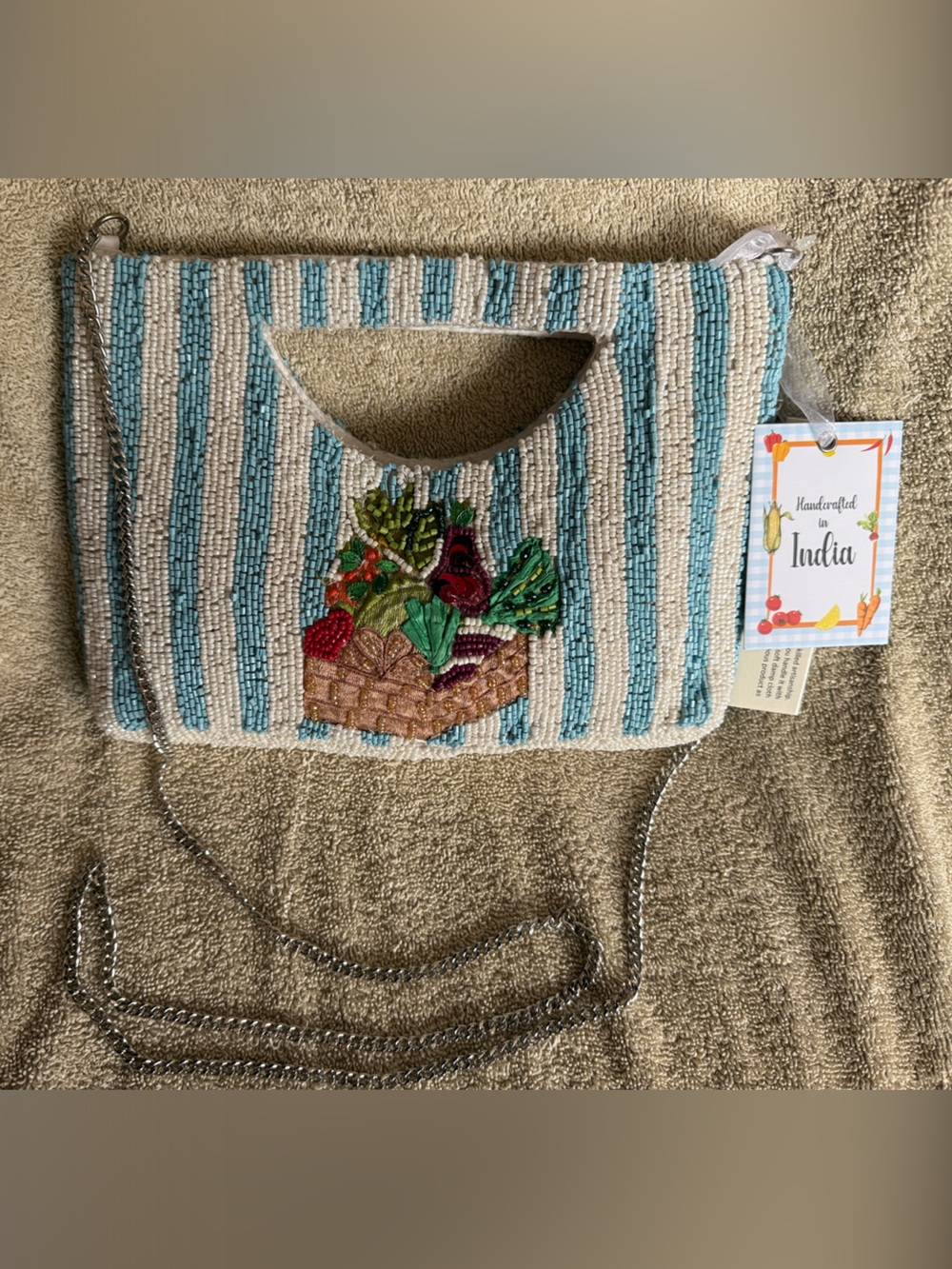Handcrafted Blue & White Striped Beaded Clutch with Floral Basket Embroidery
